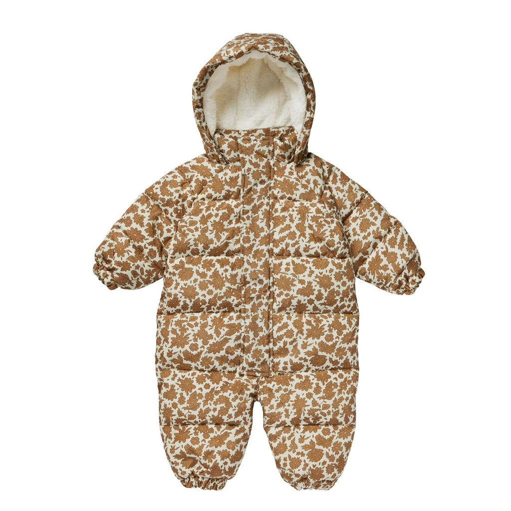puffer onepiece | gold gardens by Rylee and Cru baby snowsuit shearling inner layer and golden floral print all over on the exterior