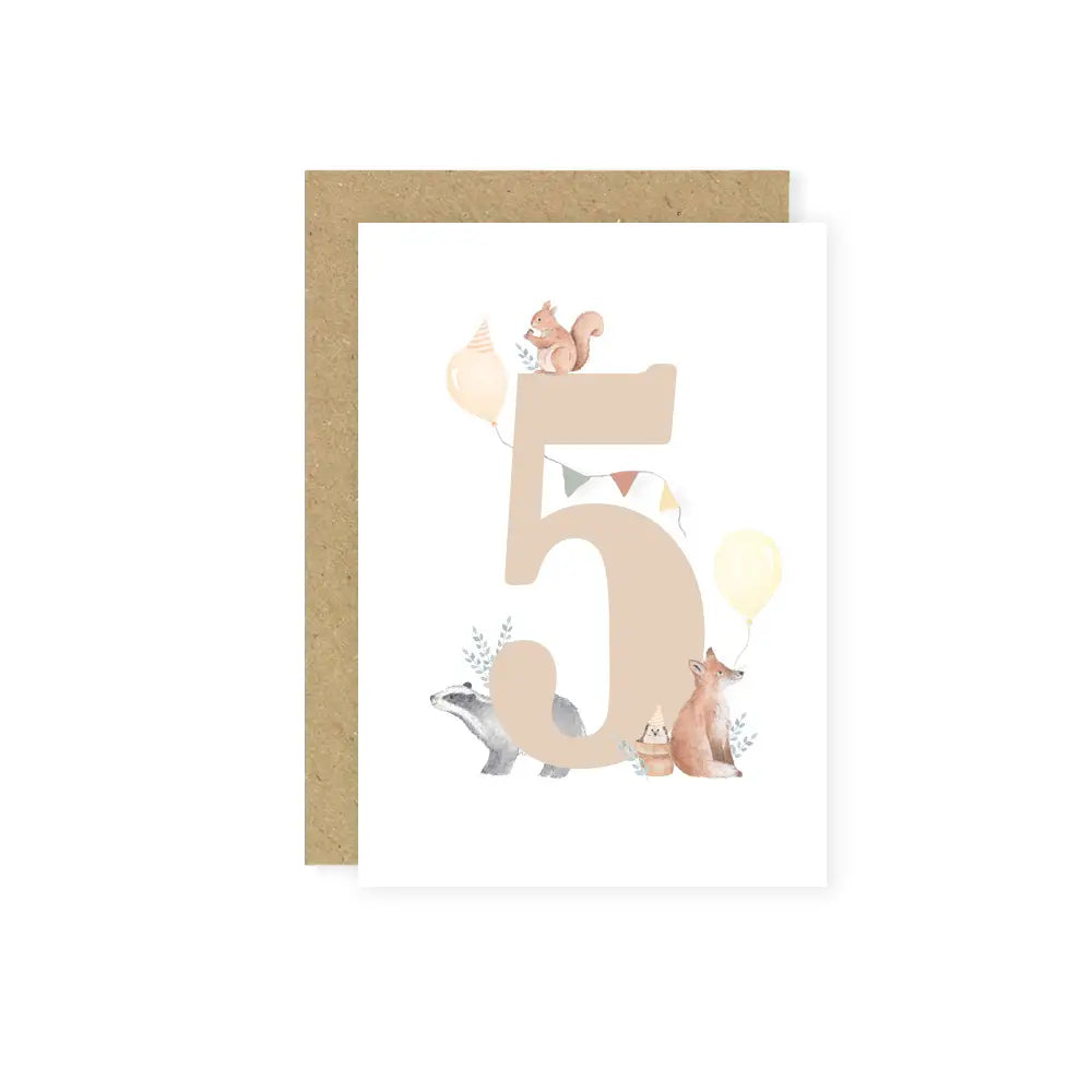 White background with a Kraft envelope and a 5th Birthday Card by Little Roglets. Card is portrait style with a big beige 5 in the center, with a fox, and skunk beside it, and a squirrel sitting on the number, and balloons around.