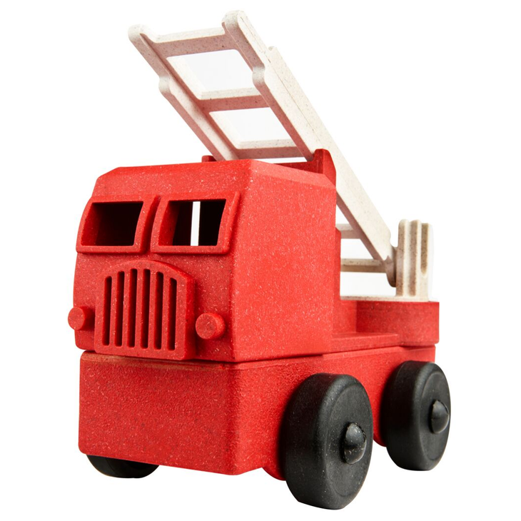 White background with side angle of 3D Firetruck Puzzle by Luke's Toy Factory. Firetruck is red, with a white ladder, and black wheels, and comes apart.