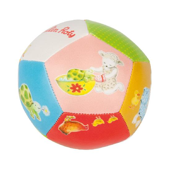 White background with Soft Ball in La Grande Famille by Moulin Roty. This ball has bright colours, in pink, greens, and blues.