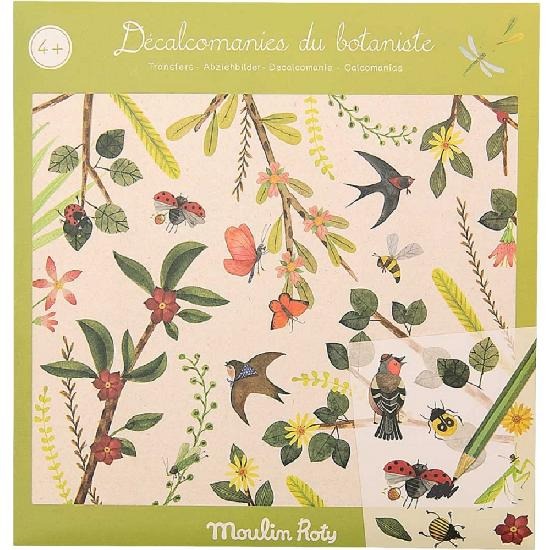 White background with Le Botaniste - Botanist Transfers by Moulin Roty, in its packaging. The packaging is green, and shows the botanical/bird transfers you get.