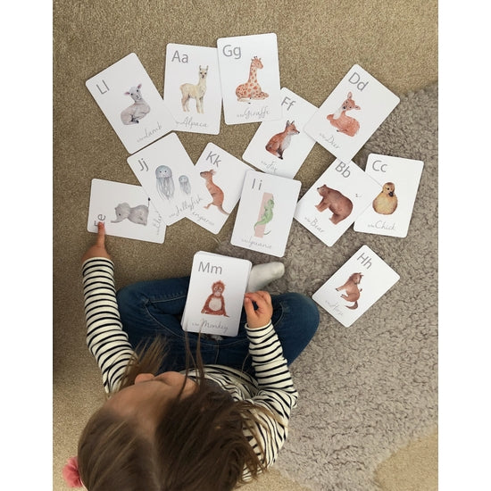 Overhead view of girl sitting on carpet with Alphabet Flash Cards by Little Roglets laid out in front. Flashcards are with with the Upper & Lowercase letter in the top left, a photo of an animal that matches the letter, and the name. Example - "Mm *photo of monkey* Monkey"