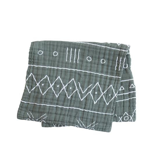 White background with a folded Alpine Burp Cloth by Mebie Baby. Burp Cloth is folded in half, is green with an aztec print, and has a white fabric tag that says "MEBIE BABY".
