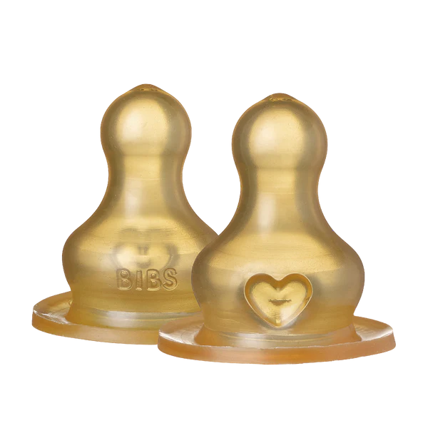 Clear background with Latex Bottle Nipple 2 Pack by Bibs. Set contains 2 nipples in either slow flow, or medium flow