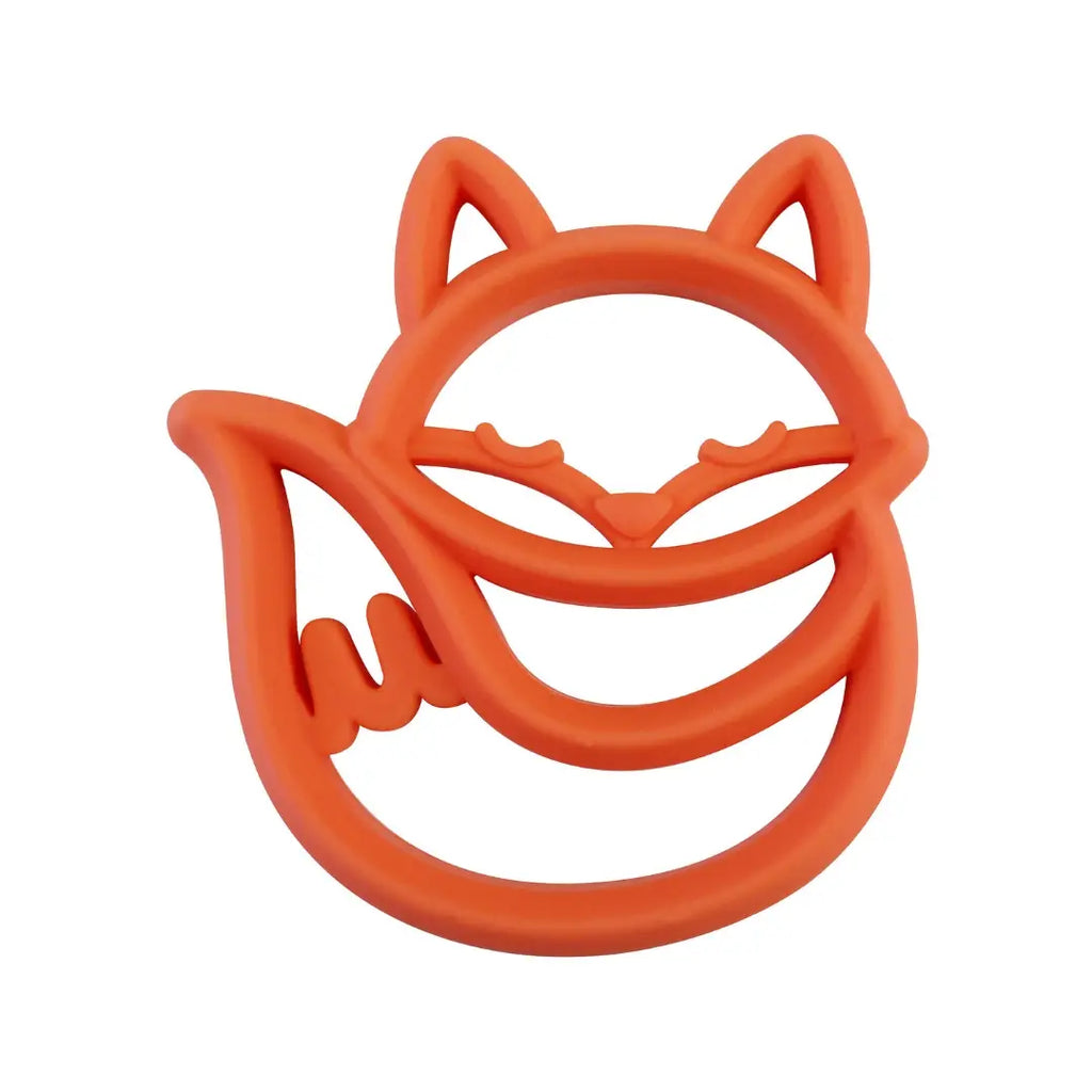 White background with Chew Crew Silicone Baby Teether in Fox by Itzy Ritzy. Teether is a rust/orange colour, and looks like a fox.