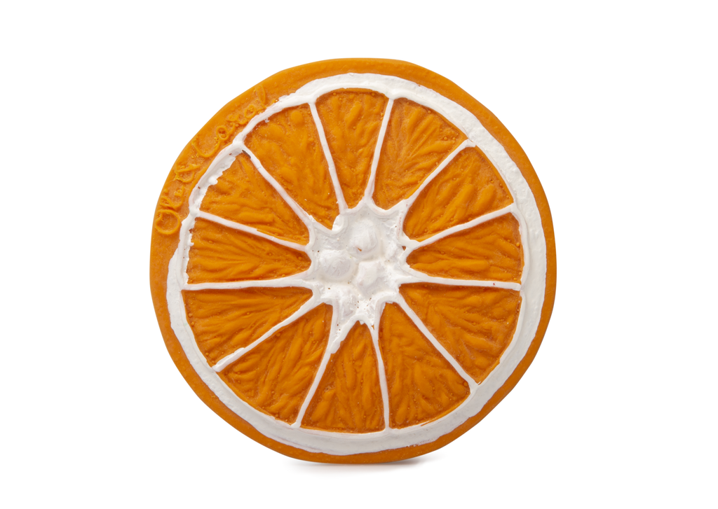 Clear background with Clementino The Orange Teether by Oli & Carol. Teether is meant to look like a cut orange.
