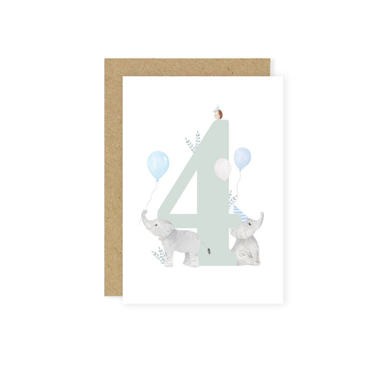 White background with a Kraft envelope and a 4th Birthday Card by Little Roglets. Card is portrait style with a white background and a large sage green 4 in the centre, there's a little hedgehog sitting on the top with a party hat, and 2 elephants with blue and white balloons.