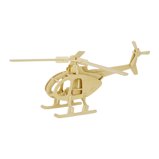 White background with a built 3D Wooden Puzzle of a Helicopter by Hands Craft.