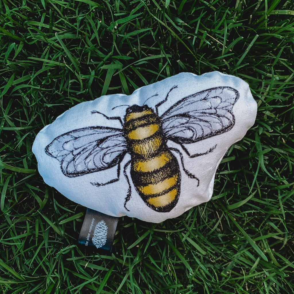 Overhead view of the Acorn Collection Rattle in Bee by The Pine Company, laying on grass.