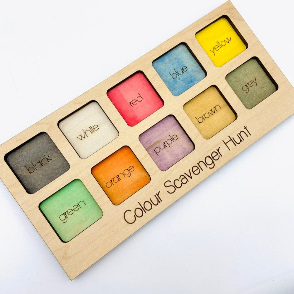 Colour Scavenger Hunt Tray by Concrete Barn. Wooden tray with colours written and displayed. Laid on a flat white surface. 
