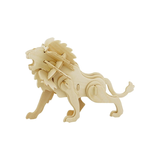 White background with a built 3D Wooden Puzzle of a Lion by Hands Craft.