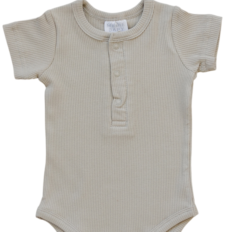 Oatmeal Bodysuit by Mebie Baby with a white background. 