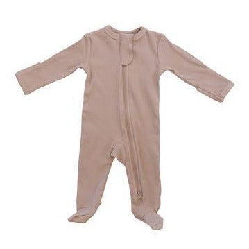 White background with Pale Pink Organic Cotton Footed Zipper One-Piece by Mebie baby. One-piece is a pale pink colour, with double zipper going down, and footies.