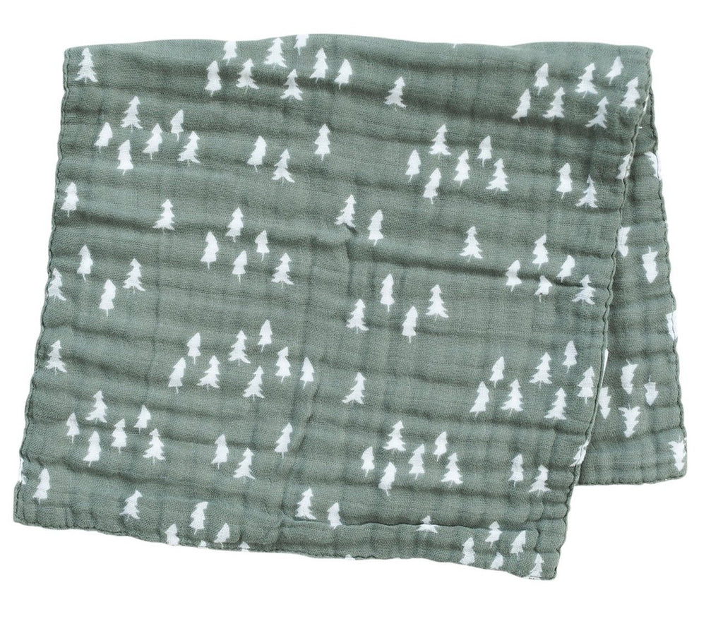 White background with Pines Burp Cloth by Mebie Baby. Burp cloth is a sage colour with white pine trees all over.