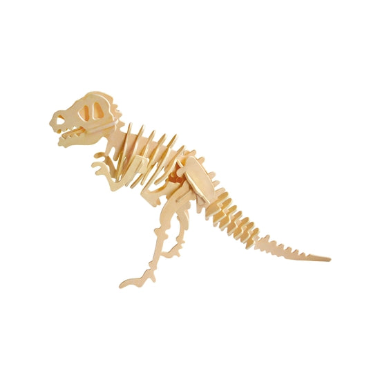 White background with a built 3D Wooden Puzzle of T-Rex by Hands Craft.
