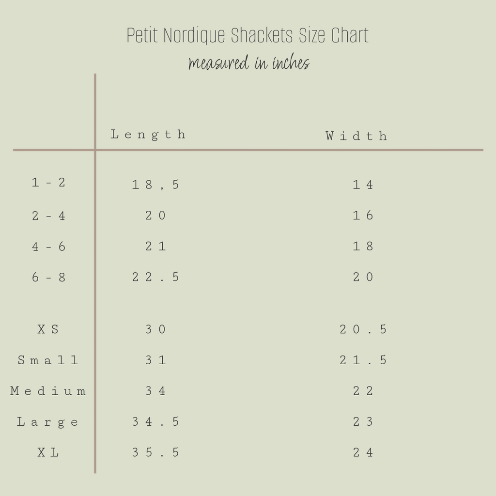 Size chart for the Petit Nordique Shackets.
