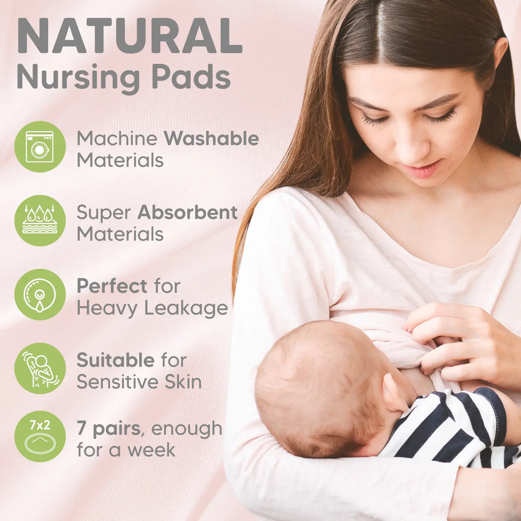 Pink background with a mama nursing, and it says "Natural Nyrsing Pads: Machine Washable, Super Absorbent, Perfect for Heavy Leakage, Suitable for sensitive skin, 7, enough for a week" pairs