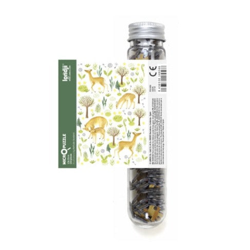 White background with Wildlife Mix Micropuzzle in Deers by Londji. Puzzle comes in a clear tube.