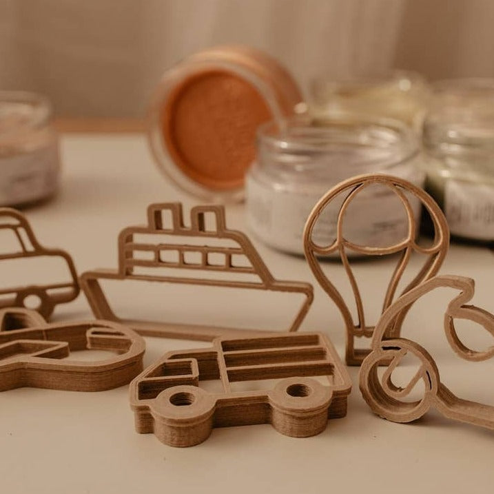 Mini Eco Cutter Set by Kinfolk Pantry boat truck play dough cutters next to jars