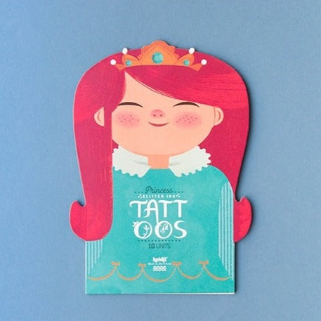 Blue background with Princess Tattoos by Londji. Showing the packaging it comes in, which looks like a princess.