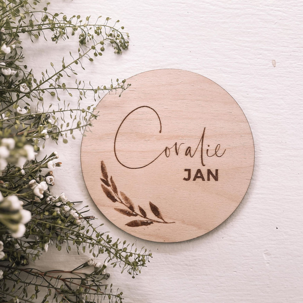 name disc with watercolour sprig wooden engraved baby name