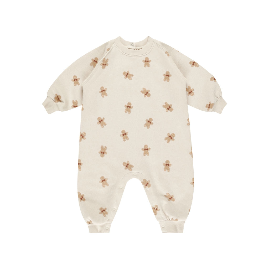 flatlay of gingerbread jumpsuit on white background