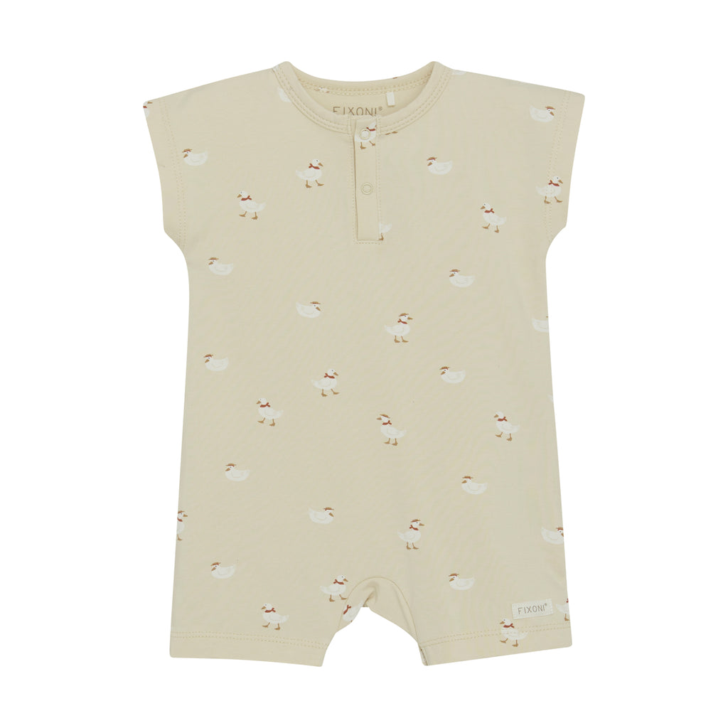 short sleeve romper with snap fron and ducks flat lay