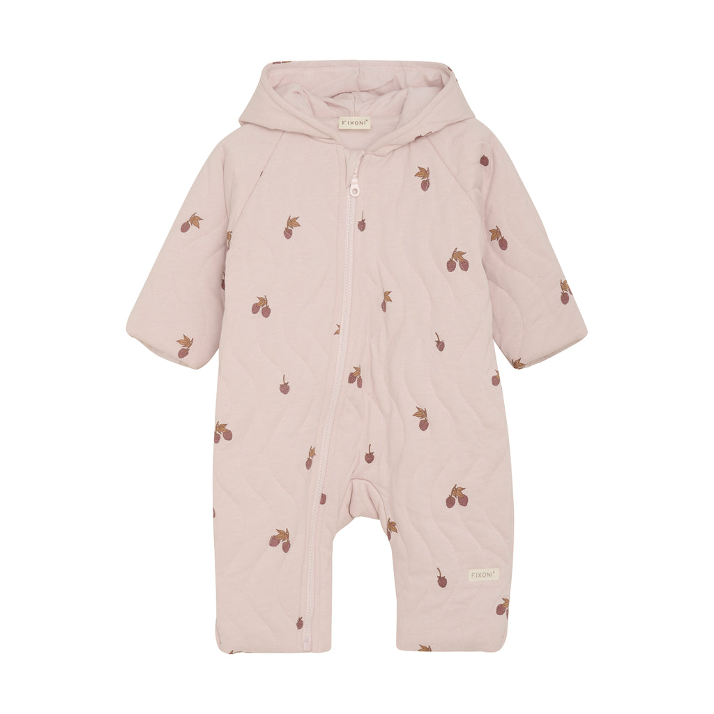 pink zippered romper with acorns