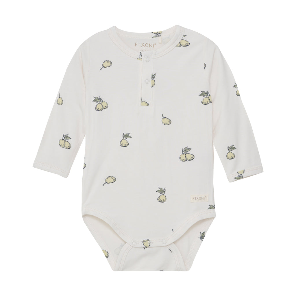 cream long sleeve onesie with pears flat lay