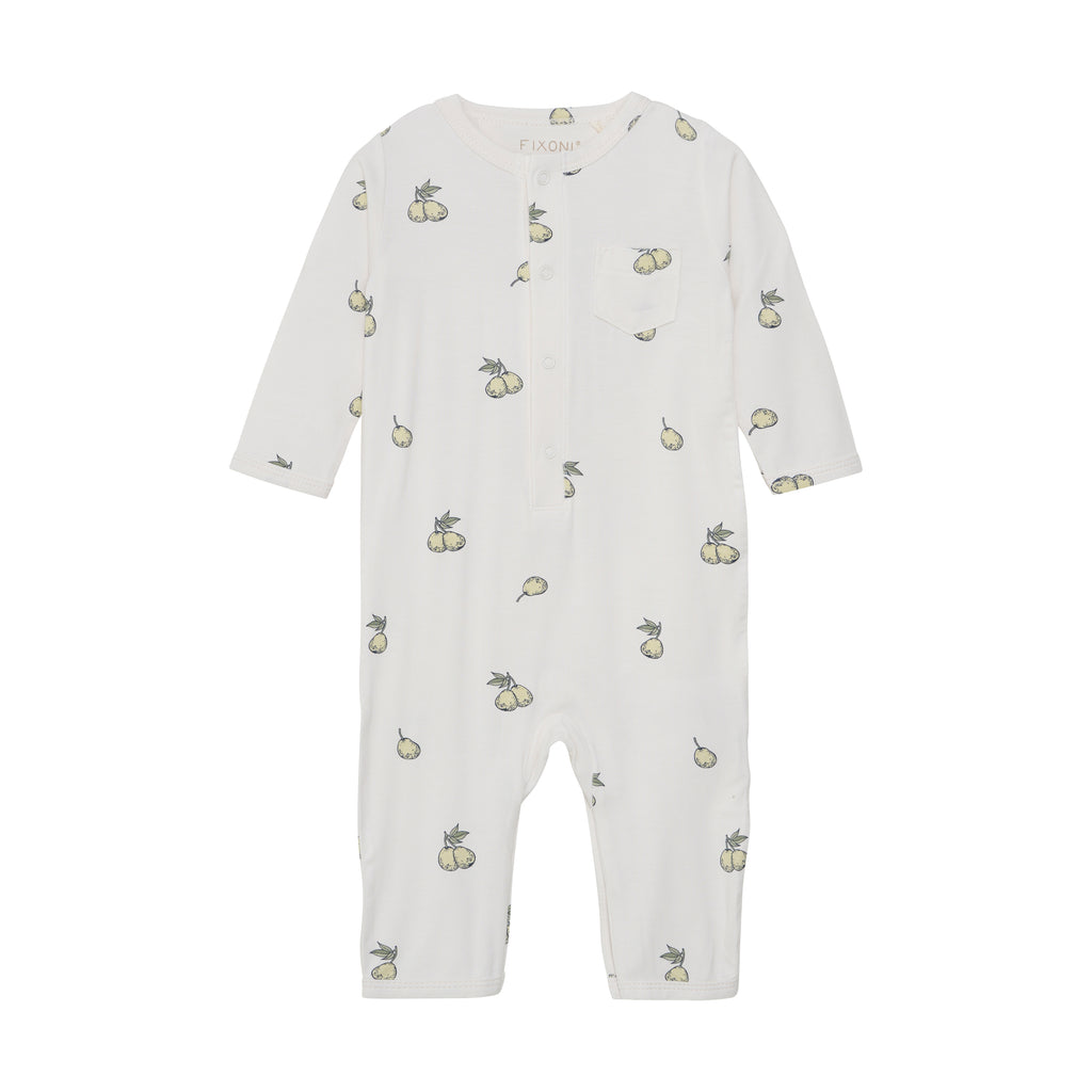 cream romper snp front with pears flat lay