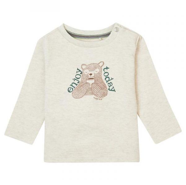 flatlay of oatmeal longsleeve tee  with teddy bear white background 