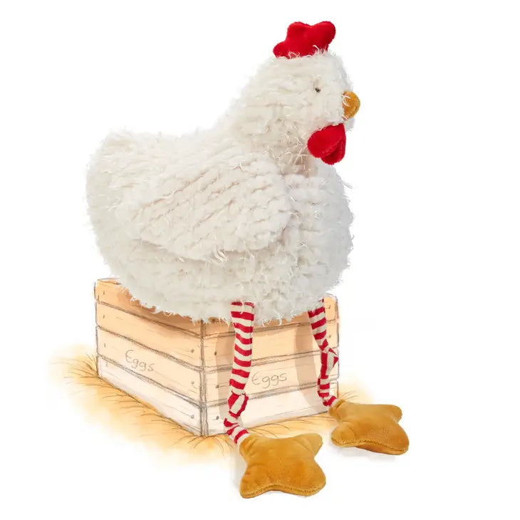 chicken sitting on wood crate 