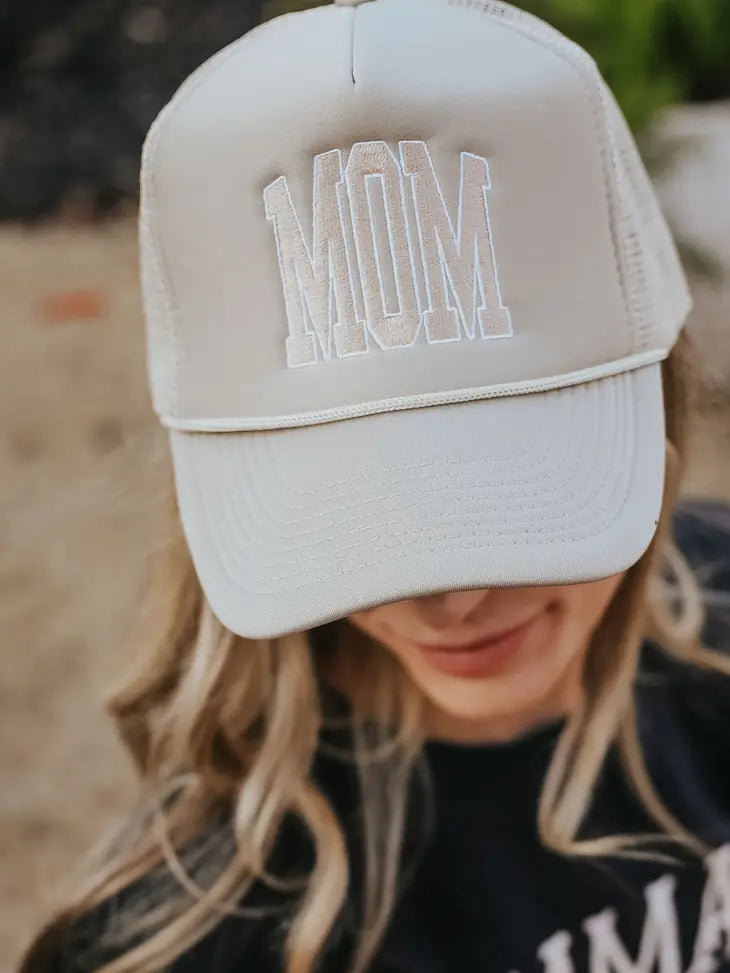 MOM snapback || by Charlie Southern beige snapback with block collegiate letters MOM on a woman outside