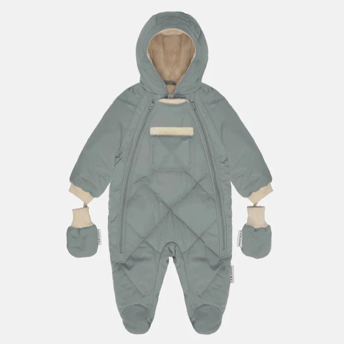 flatlay of snowsuit in mirage quilted blue with mittens on white background 