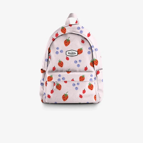 pink back pack with strawberries and blueberries