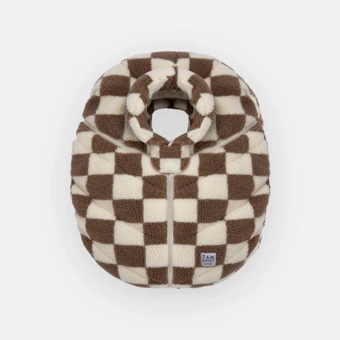 checkered cocoon car seat cover on white background flatlay 