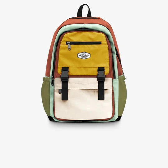 rust, yellow,green and beige back pack