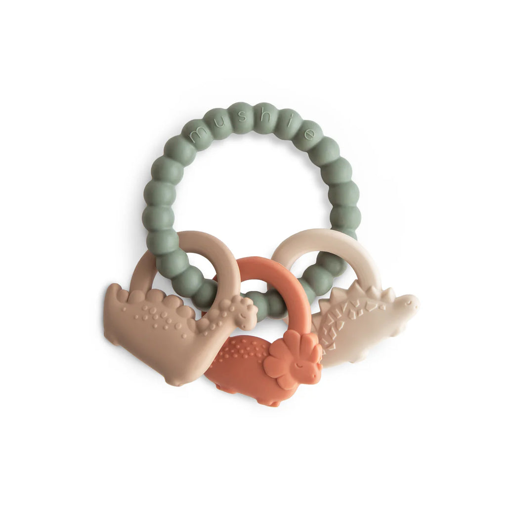 dino teething ring flatlay on white background 