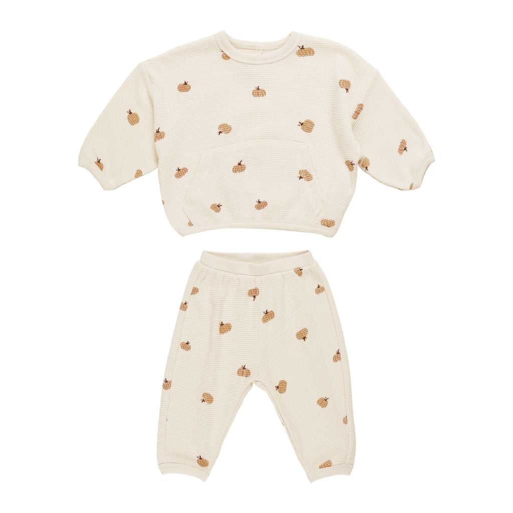 flatlay of waffle pumpkin slouch set on white background 