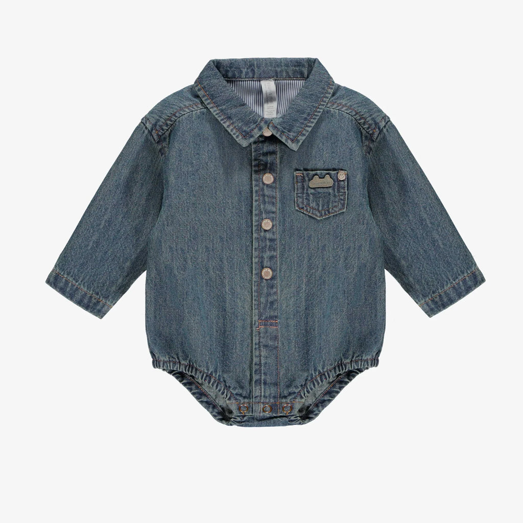 flatlay of denim shirt on white background 