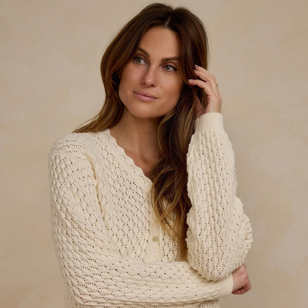 cardigan white on model with brown hair 