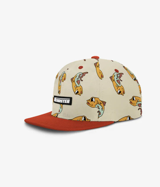 white hat with yellow fish and red brim