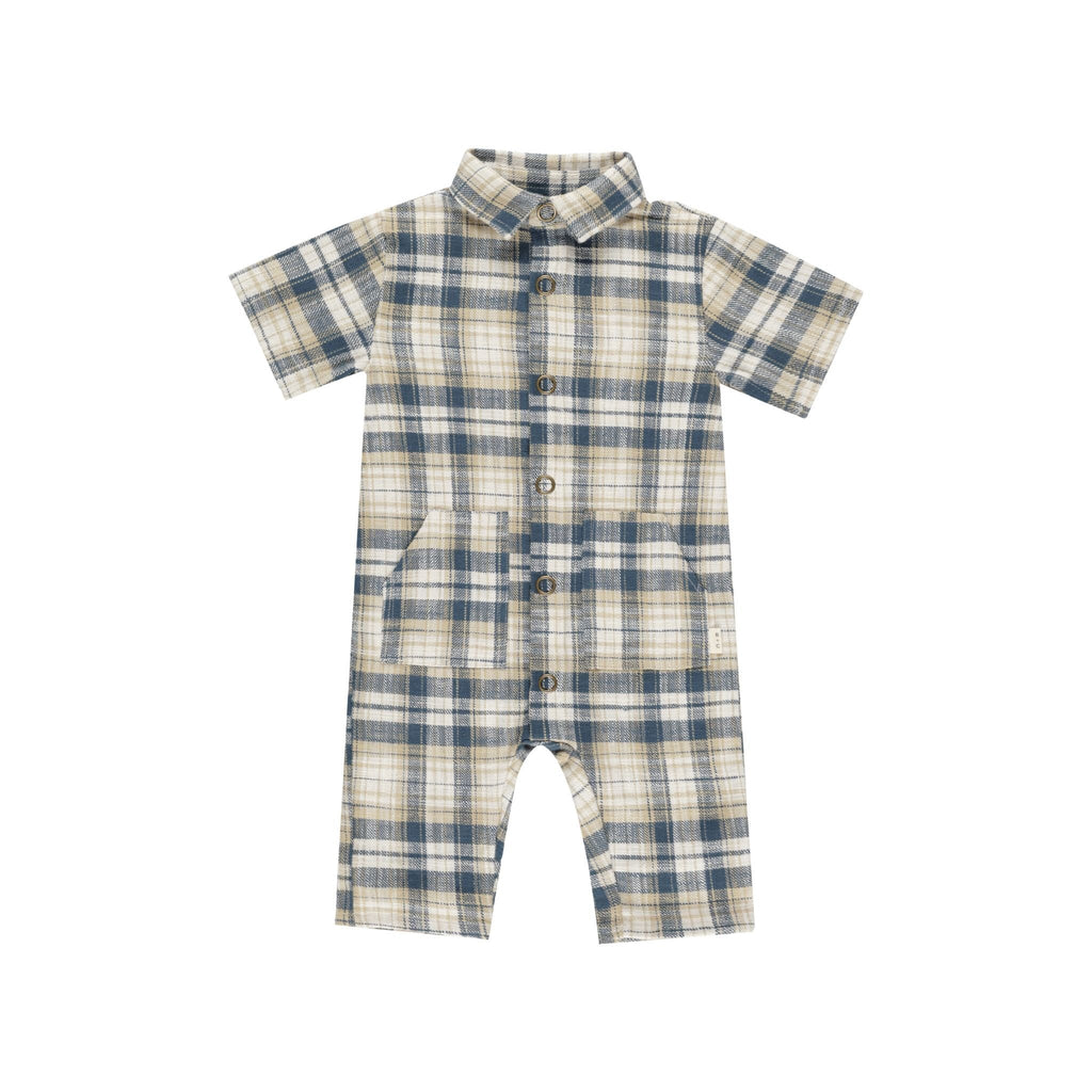 flalay of plaid indigo jumpsuit 