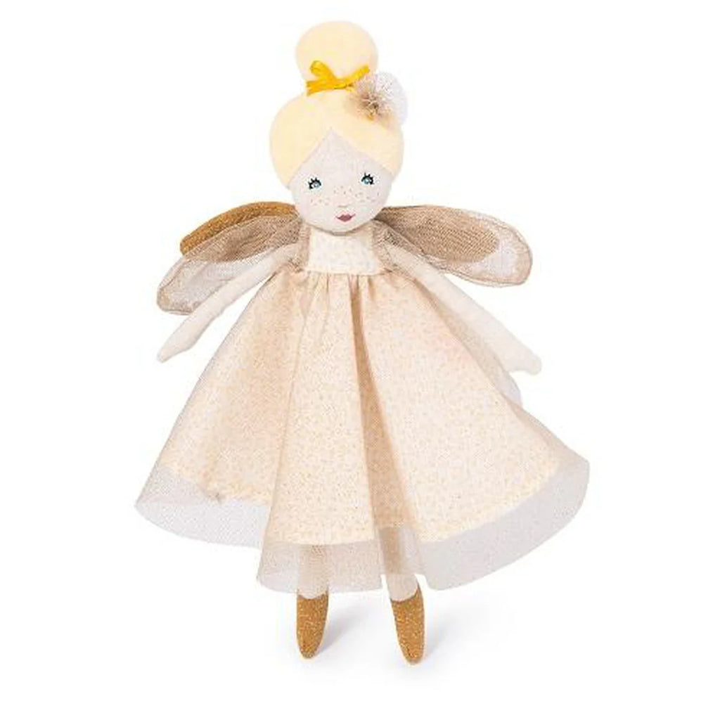 gold little fairy dolls flatlay white background 