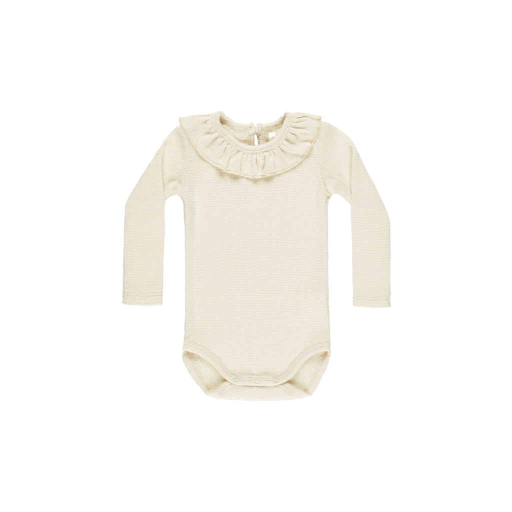 ruffled colar bodysuit in natural on white background 