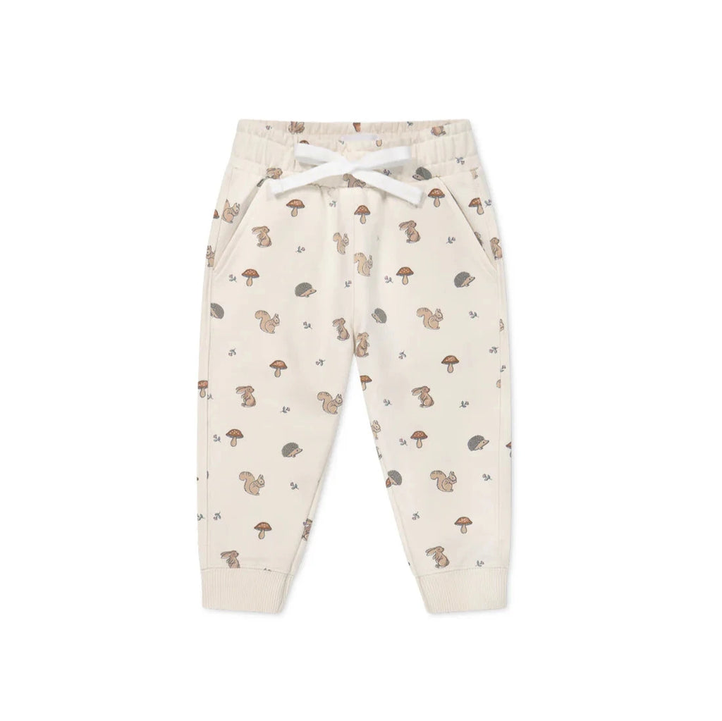 track pant with woodland creatures flatlay white background 