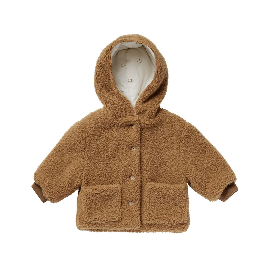 shearling baby coat || brass by Rylee and Cru hooded baby jacket sherpa shearling rust colour with star print inner layer