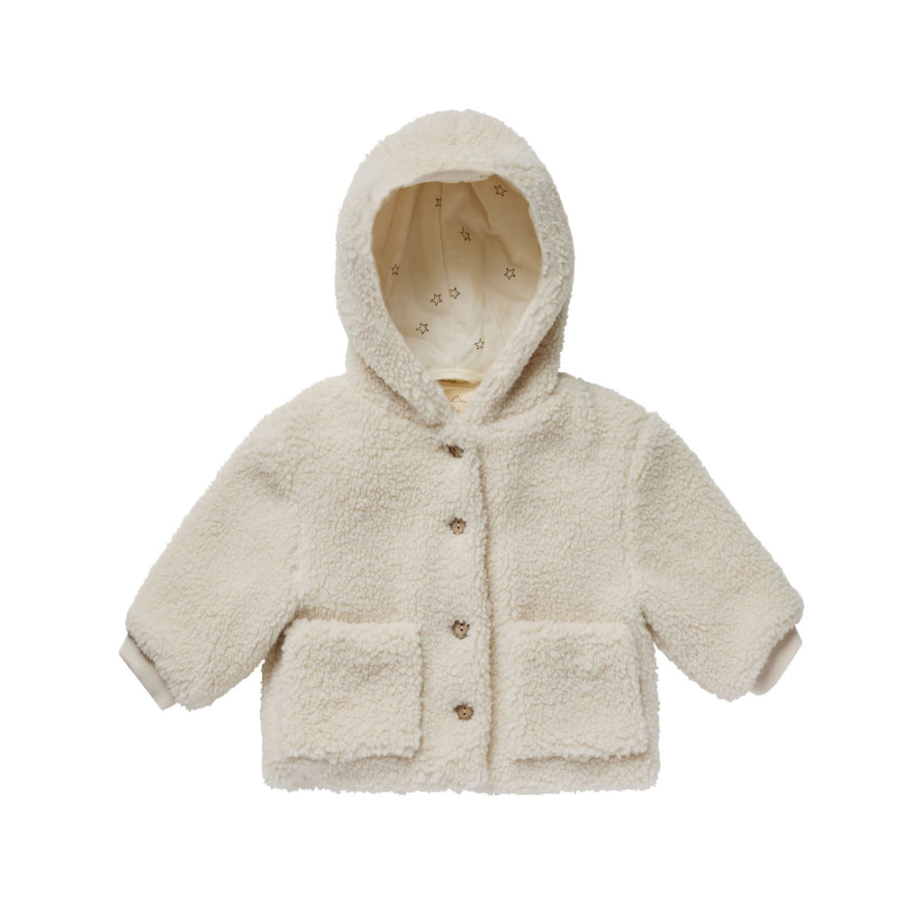 shearling baby coat || natural by Rylee and Cru baby hooded jacket shacket fall outerwear with buttons and star print inner layer