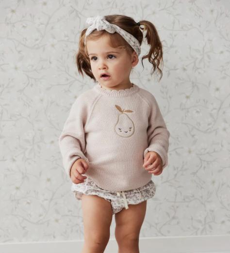 Emma Jumper in Pink Clay Marle | Jamie Kay pear embroidered on baby girl's knit sweater 