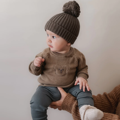 Ethan Jumper in Woodsmoke | Jamie Kay bear knit sweater on baby boy
